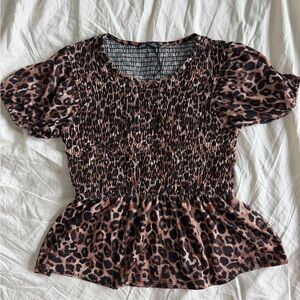 Zara Animal Print Smocked Peplum Blouse